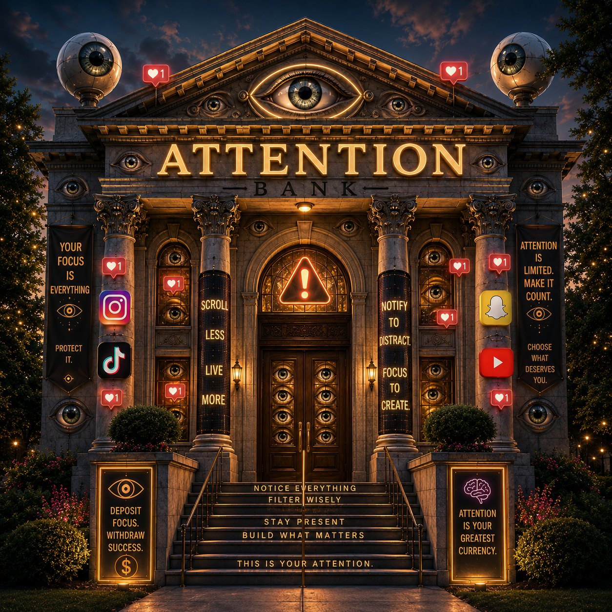 The Attention Bank — a grand bank facade crowned with an all-seeing eye, draped in social-media notifications